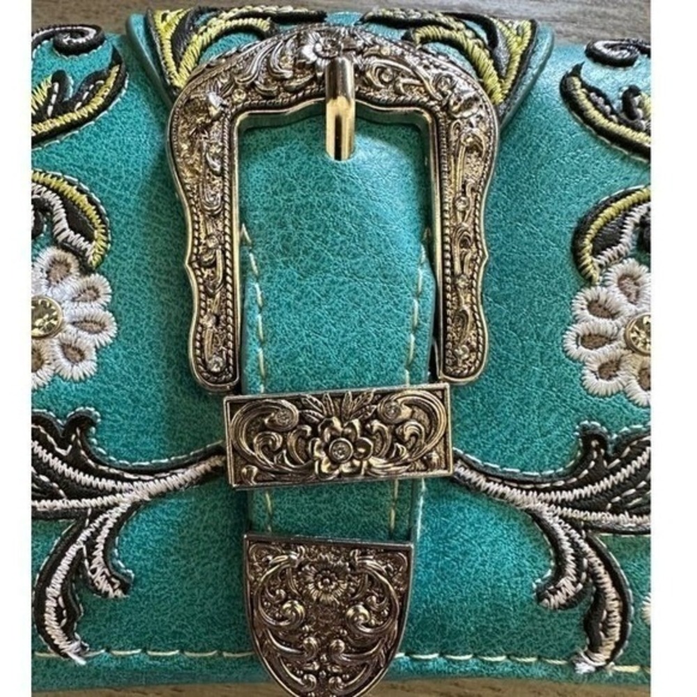 Western Turquoise Embroidered Floral Buckle Tri-Fold Wallet Crossbody Ready - Picture 4 of 10